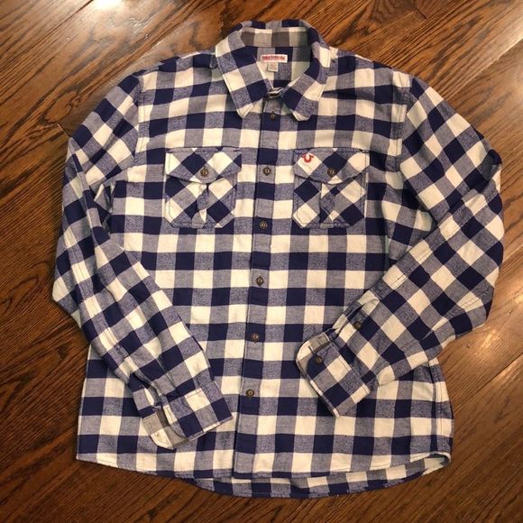 TRUE RELIGION Fleece Long Sleeve Navy White Plaid Western Button Down Shirt XL - Picture 10 of 12